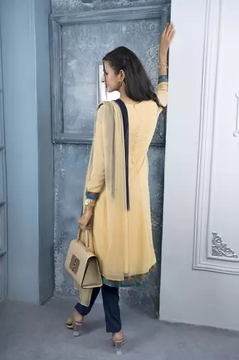 Nikhaar beige embroidered georgette stitched a line trouser kurta & dupatta 