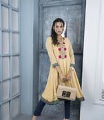 Nikhaa embroidered beige georgette a line kurta & pants set