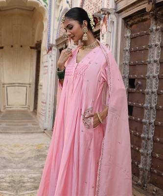 Laxmi Kali Suit Set in Powder Pink with Zardosi Handwork 1