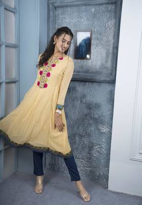 Nikhaa embroidered beige georgette a line kurta & pants set 3