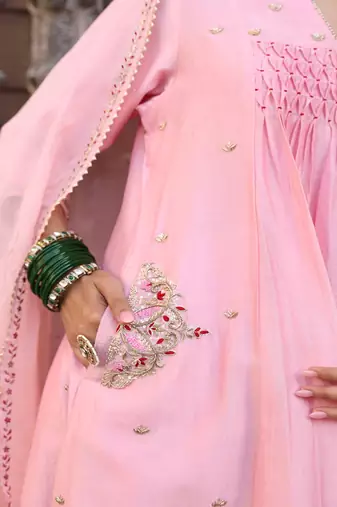 Laxmi Kali Suit Set in Powder Pink with Zardosi Handwork