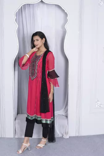 Nikhaar pink embroidered georgette stitched anarkali trouser kurta & dupatta 