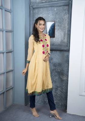 Nikhaa embroidered beige georgette a line kurta & pants set 4