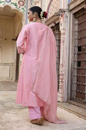 Laxmi Kali Suit Set in Powder Pink with Zardosi Handwork