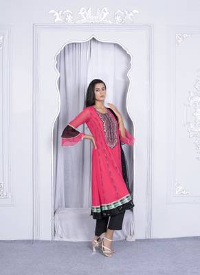 Nikhaar pink embroidered georgette stitched anarkali trouser kurta & dupatta  4