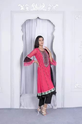 Nikhaar pink embroidered georgette stitched anarkali trouser kurta & dupatta 