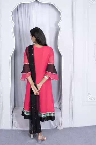 Nikhaar pink embroidered georgette stitched anarkali trouser kurta & dupatta 