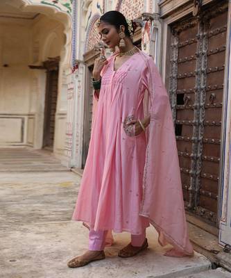 Laxmi Kali Suit Set in Powder Pink with Zardosi Handwork 4