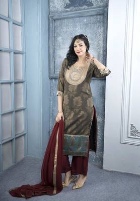 Nikhaar brown embroidered silk stitched straight cut palazzo kurta & dupatta  1