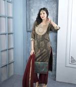 Nikhaar brown embroidered silk stitched straight cut palazzo kurta & dupatta 