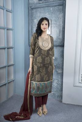 Nikhaar brown embroidered silk stitched straight cut palazzo kurta & dupatta  3