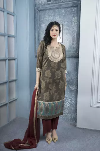 Nikhaar brown embroidered silk stitched straight cut palazzo kurta & dupatta 