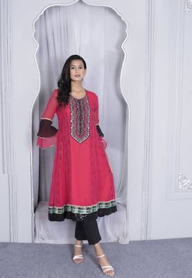 Nikhaa embroidered pink georgette anarkali kurta & pants set 1