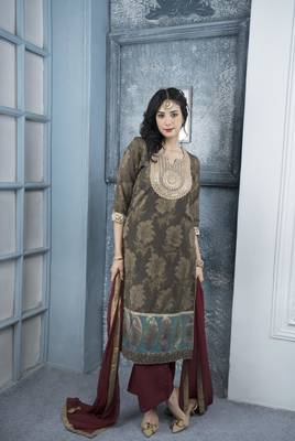 Nikhaar brown embroidered silk stitched straight cut palazzo kurta & dupatta  4