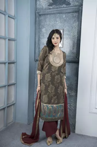 Nikhaar brown embroidered silk stitched straight cut palazzo kurta & dupatta 