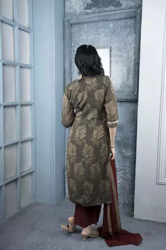 Nikhaar brown embroidered silk stitched straight cut palazzo kurta & dupatta 