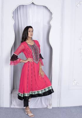 Nikhaa embroidered pink georgette anarkali kurta & pants set 4