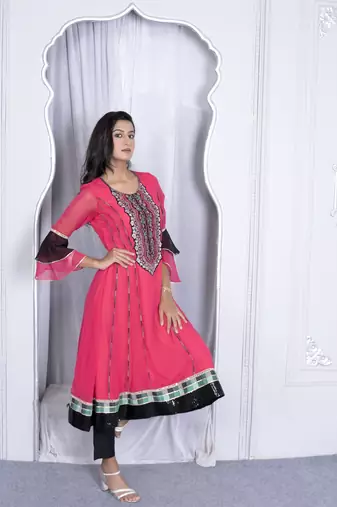 Nikhaa embroidered pink georgette anarkali kurta & pants set