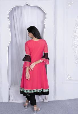 Nikhaa embroidered pink georgette anarkali kurta & pants set 5