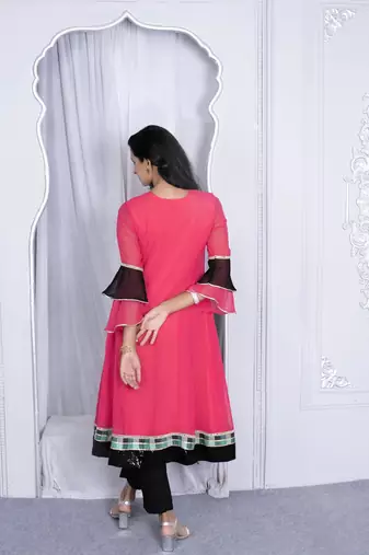 Nikhaa embroidered pink georgette anarkali kurta & pants set