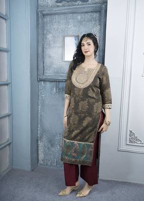 Nikhaa embroidered brown silk straight cut kurta & palazzo set 3