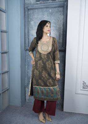 Nikhaa embroidered brown silk straight cut kurta & palazzo set 4