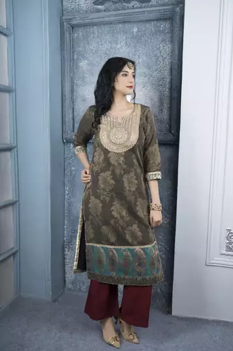 Nikhaa embroidered brown silk straight cut kurta & palazzo set