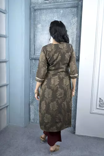 Nikhaa embroidered brown silk straight cut kurta & palazzo set