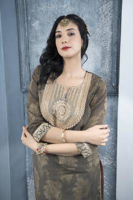 Nikhaa embroidered brown silk straight cut kurta & palazzo set 6
