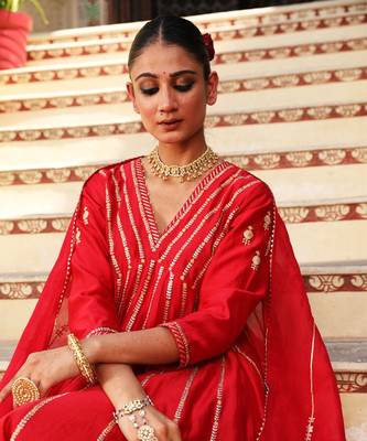 Begam Anarkali Set in Red with Hand Pitta Embroidery 2