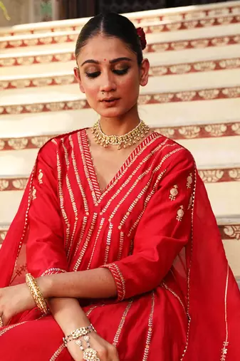 Begam Anarkali Set in Red with Hand Pitta Embroidery