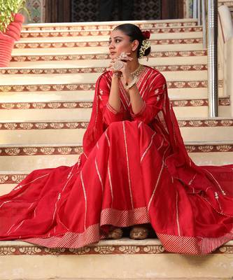 Begam Anarkali Set in Red with Hand Pitta Embroidery 3