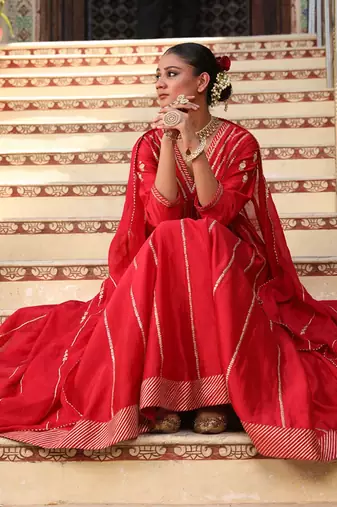 Begam Anarkali Set in Red with Hand Pitta Embroidery
