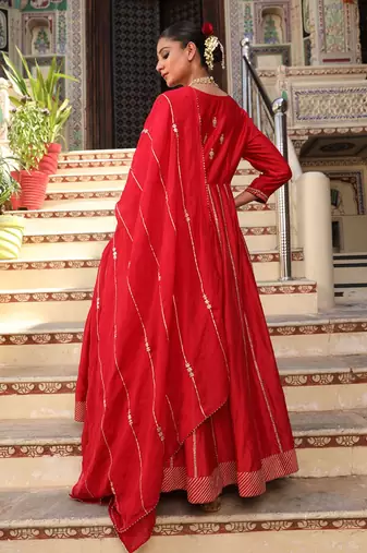 Begam Anarkali Set in Red with Hand Pitta Embroidery