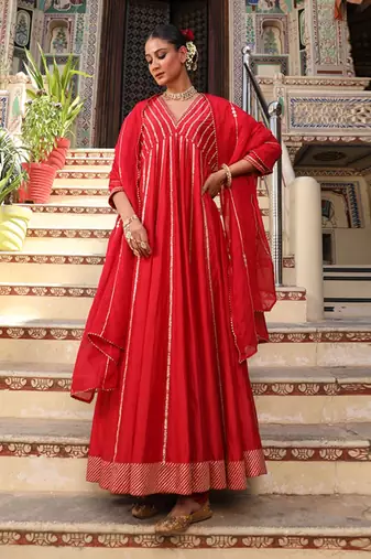 Begam Anarkali Set in Red with Hand Pitta Embroidery