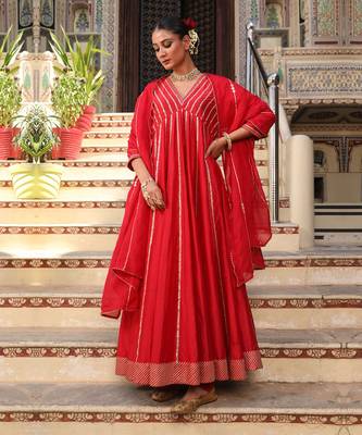 Begam Anarkali Set in Red with Hand Pitta Embroidery 1