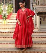 Begam Anarkali Set in Red with Hand Pitta Embroidery