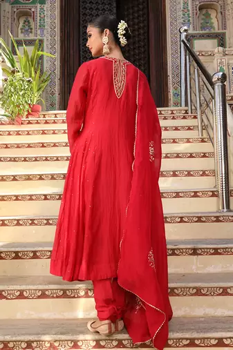 Gulbahar Suit Set in Red with Zardosi and Mukaish Handwork