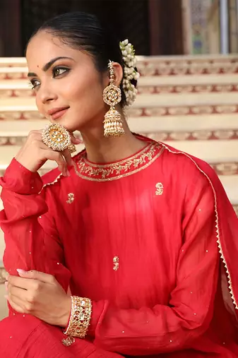 Gulbahar Suit Set in Red with Zardosi and Mukaish Handwork