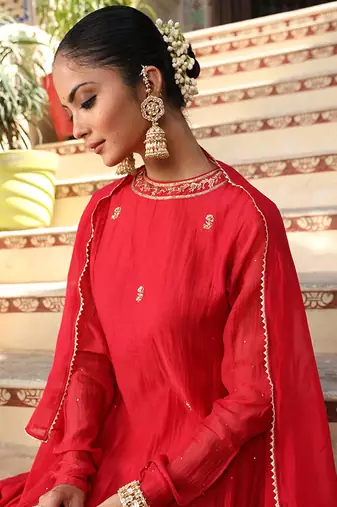 Gulbahar Suit Set in Red with Zardosi and Mukaish Handwork