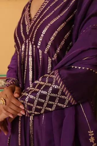Kilol Anarkali Set in Purple with Hand Pitta Embroidery