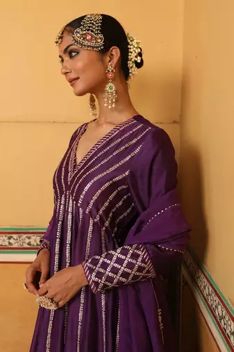Kilol Anarkali Set in Purple with Hand Pitta Embroidery