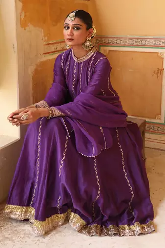 Kundan Anarkali Set in Purple with Gota Handwork