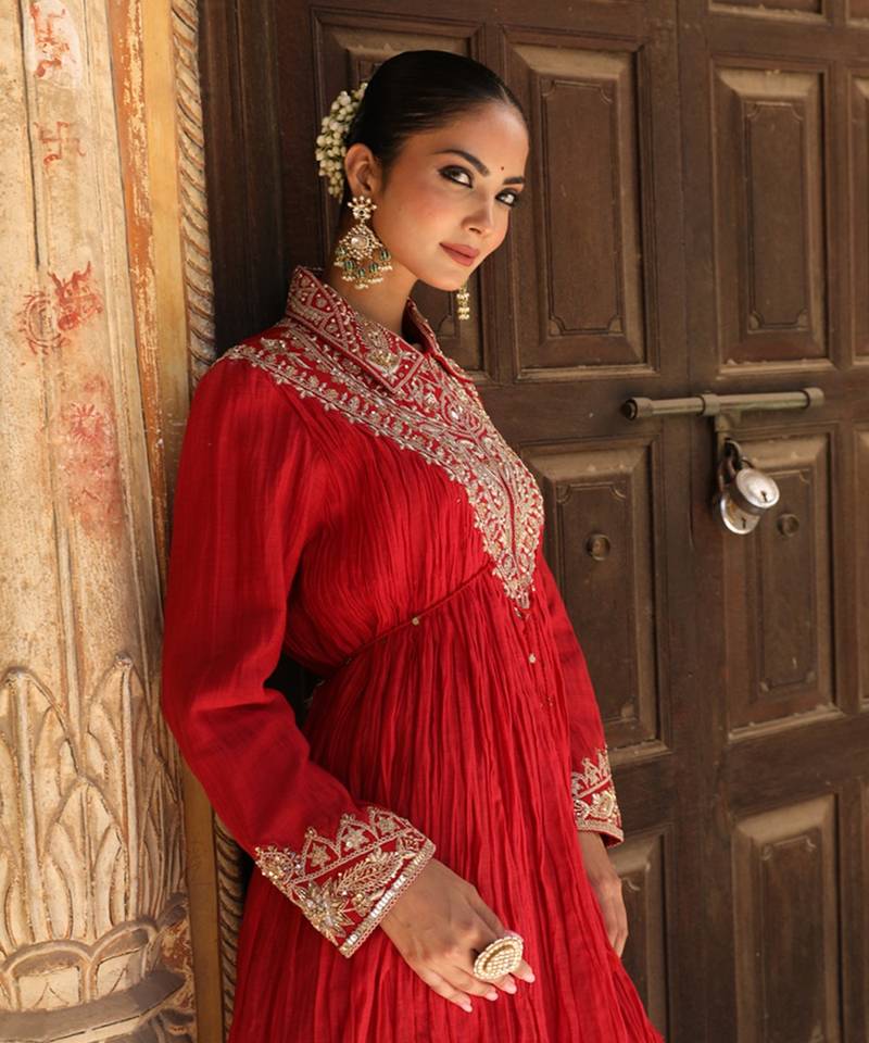 Ruhani Sharara Set in Red with Marodi Handwork