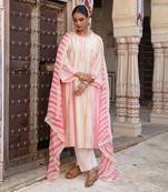 Mishthi Kali Suit Set in Ivory & Pink with Pitta Handwork