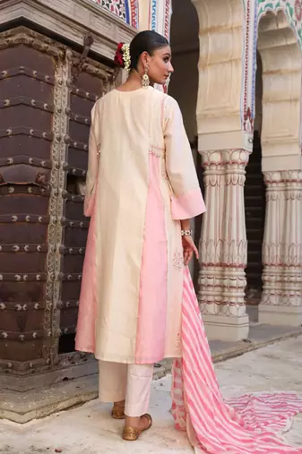 Mishthi Kali Suit Set in Ivory & Pink with Pitta Handwork