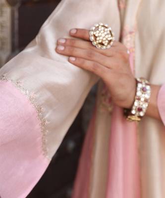Mishthi Kali Suit Set in Ivory & Pink with Pitta Handwork 3