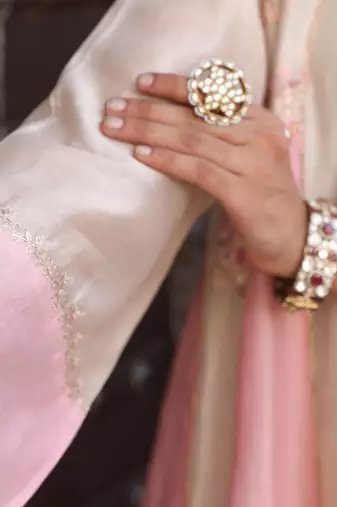 Mishthi Kali Suit Set in Ivory & Pink with Pitta Handwork