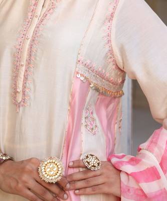 Mishthi Kali Suit Set in Ivory & Pink with Pitta Handwork 4