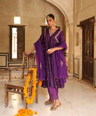Kashvi A-Line Suit Set in Purple with Zardosi Handwork 1